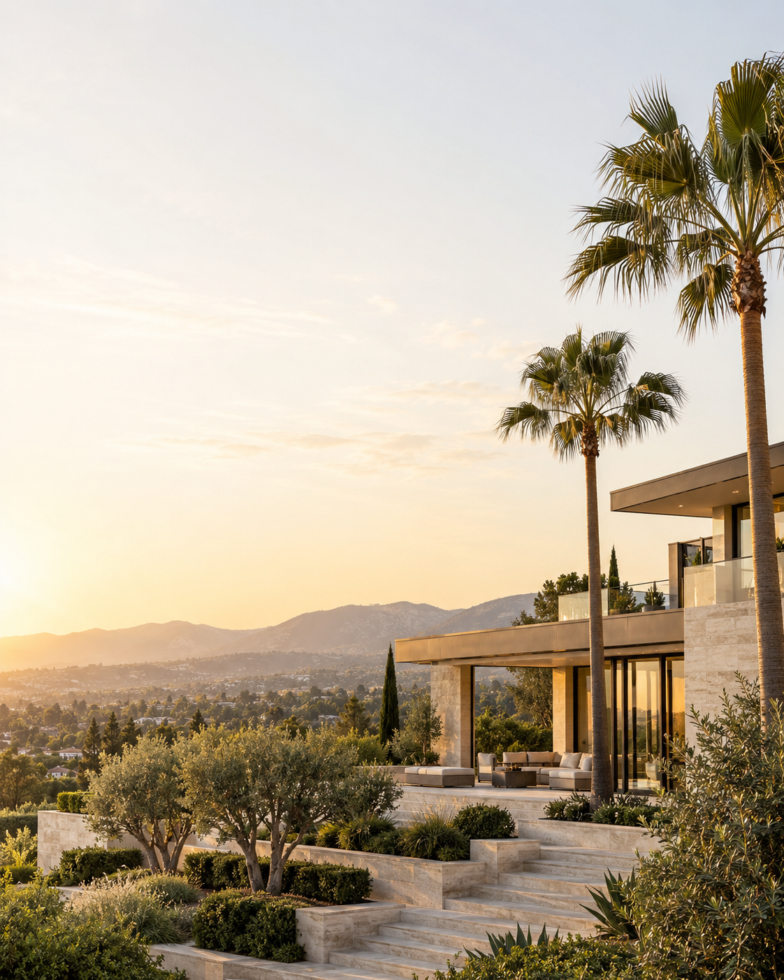 Modern Southern California home at sunset